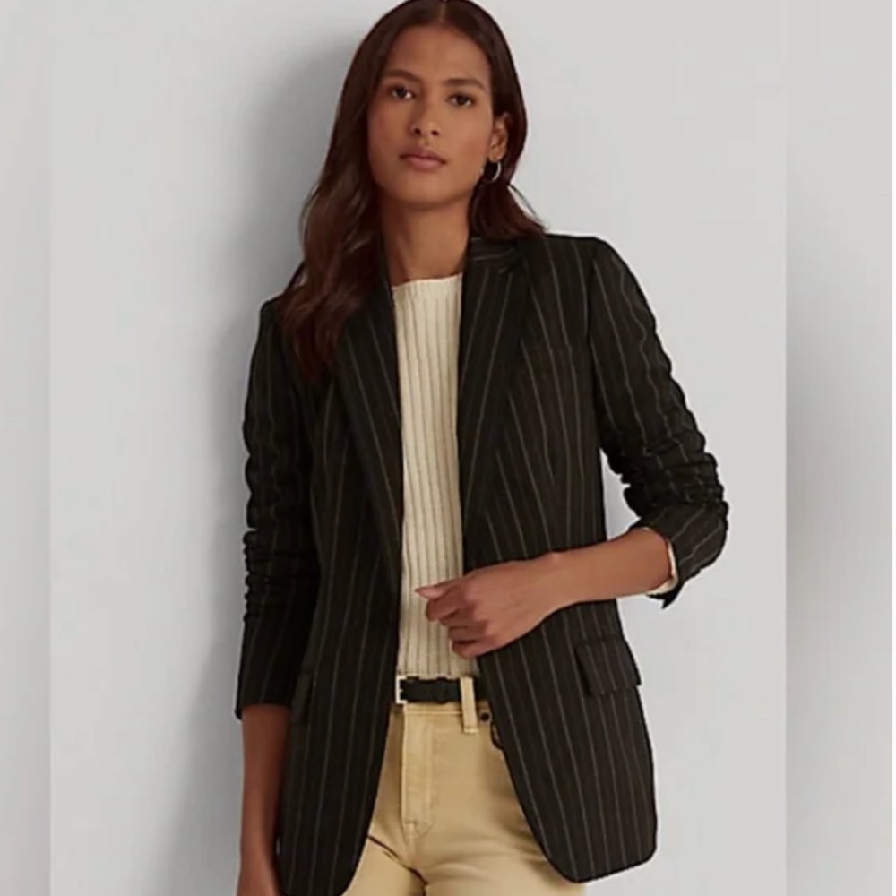 Ralph Lauren Women's Striped Wool-Blend Crepe Blazer Black Tan
